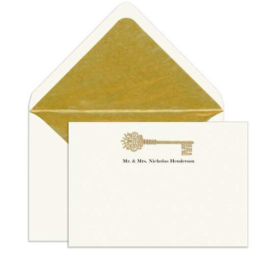 Golden Key Engraved Motif Flat Note Cards